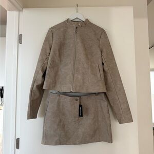 Pretty Little Thing Faux Suede Taupe Zip Moto Jacket and Skirt Set